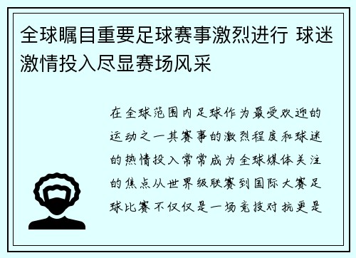 全球瞩目重要足球赛事激烈进行 球迷激情投入尽显赛场风采